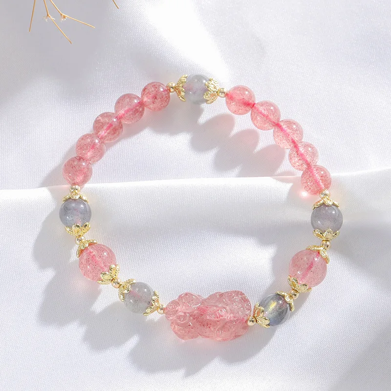 

European Fashion Pink Grey Crystal Pixiu Bracelet Strawberry Crystal Beaded Brave Troops Bracelet For Gifts, Rose gold color