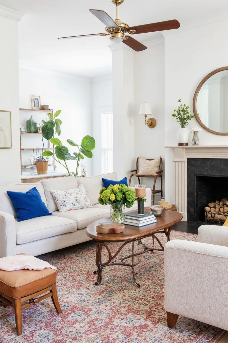 Living room with smart organization and vibrant colors