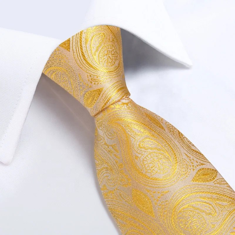 
Custom Italian Silk Men Yellow Paisley Ties and Pocket Square 