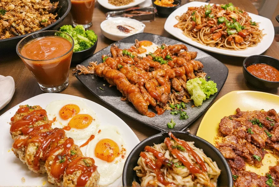 Various dishes including sushi, noodles, and eggs drizzled with sriracha hot pepper sauce