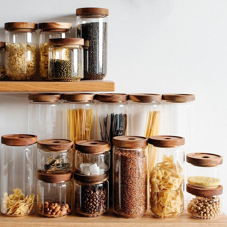 

High Quality Luxurious Acacia Wood Material Kitchen Spice Storage Glass Jar with Black Wooden Lid, Transparent