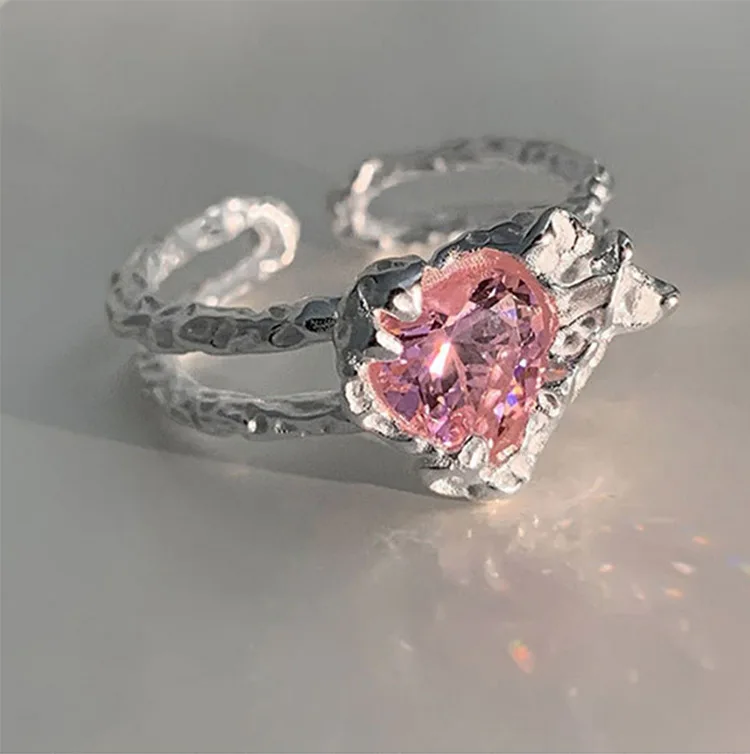 

Vershal C220 New Arrival Silver Plated Hot Selling Inlaid Pink Zircon Irregular Heart Open Ring