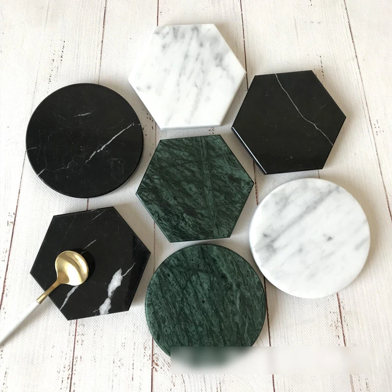 

Standard Size Non-slip Blank Sublimation Green Black White Hexagon Round Shape Marble Coaster for Drink Tea Coffee Cup