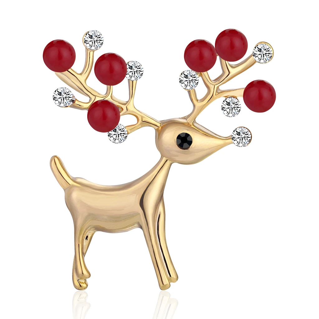 

New Fashion Cute Sika Deer Christmas Brooches Imitation Pearl and Crystal Embellish Animal Brooch Pins for Women Gift Jewelry