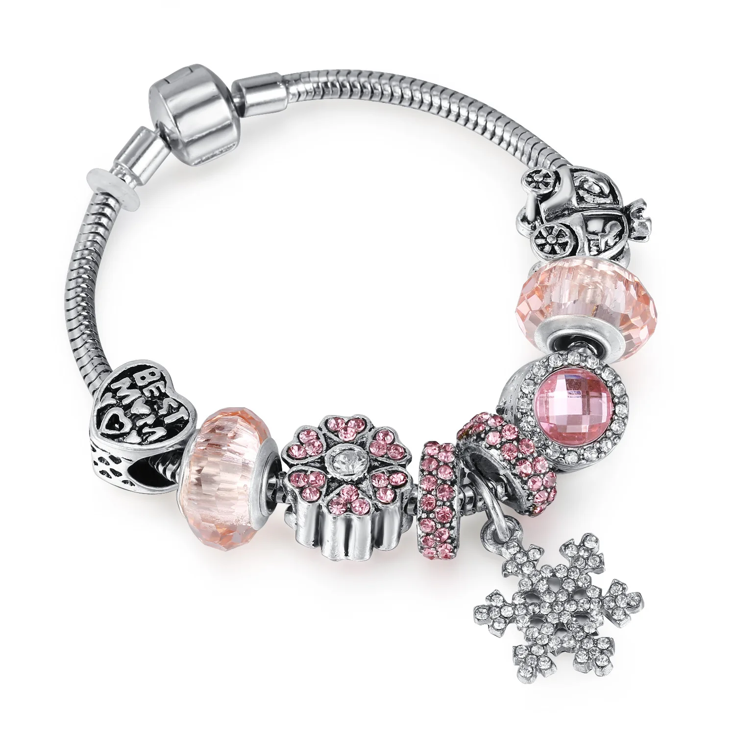 

Girly Heart Jewelry Silver Plated Pink Crystal Snowflake Charm Bracelet Diy Spacer Beads Pink Crystal European Charm Bracelet