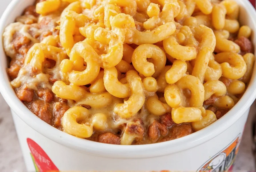 Steak n shake chili mac served in a white diner-style bowl with visible layers of macaroni, cheese sauce, and chili