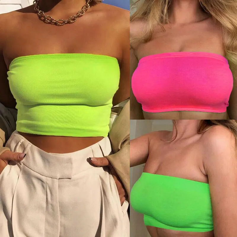 

Sexy Women Chest Wrap Crop Top Neon Solid Color Strapless Tops Seamless Wireless Bandeau Bra Tube Top, Customized color