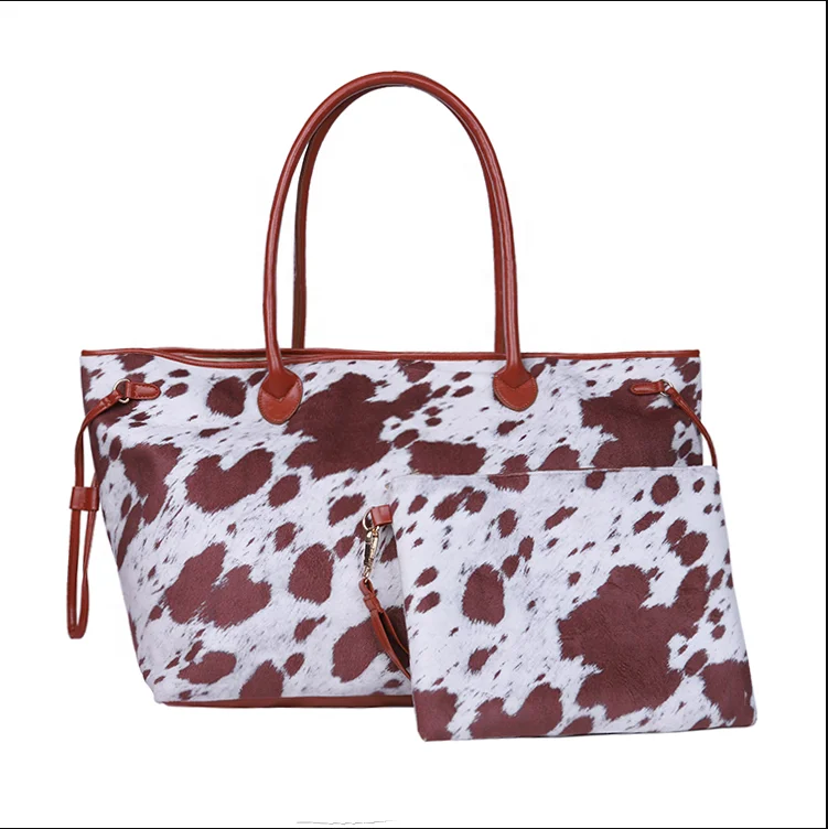 

High Quality Women Canvas Full Printing Shopping Assorted Color Charming Cow Tote Sets, Black, maroon, as request