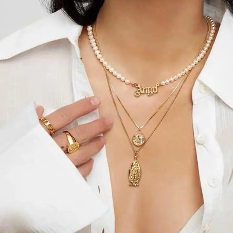 

Bohemian Vintage Jewelry Gift Angel Letter Pearl Chain Necklace Virgin Mary Gold Color Portrait Coin Pendant Multilayer Necklace