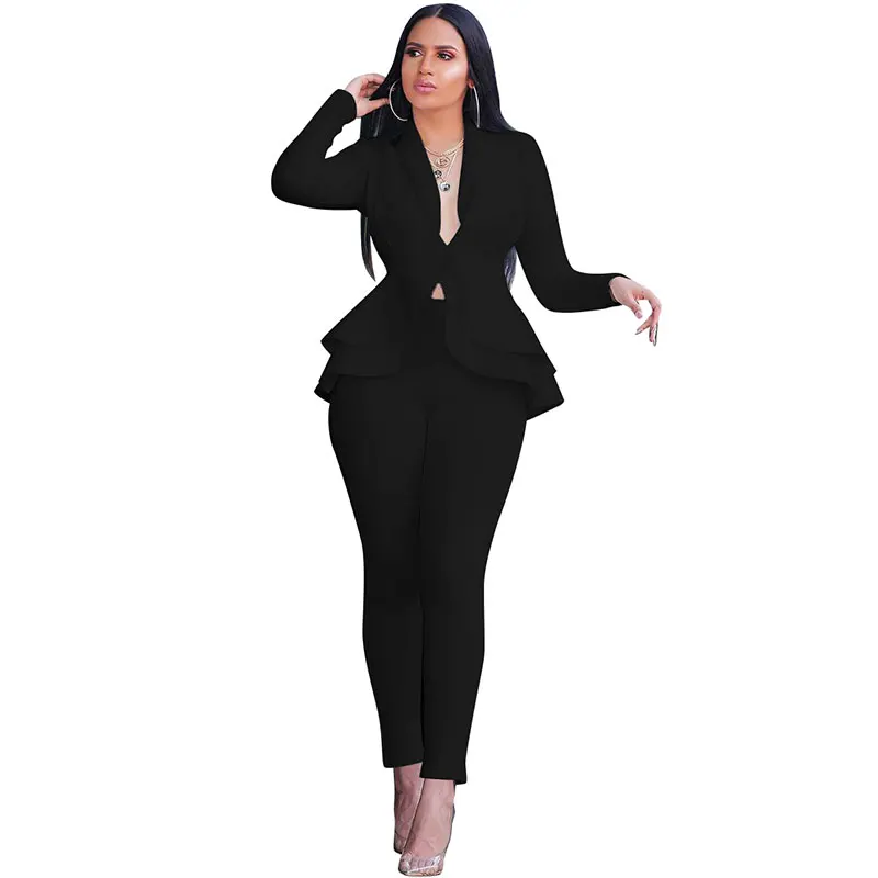 

Two Piece Set Women Clothing Notched Collar Layered Ruffles Blazer & Pants Sets