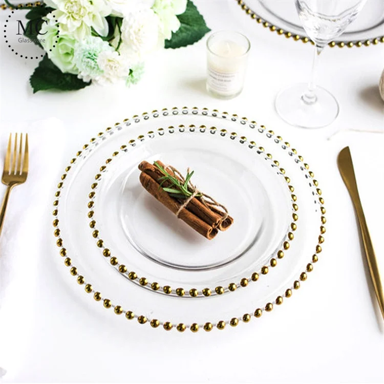 

Unbreakable glass plates for weddings with gold rim Dinner and Dessert Plates