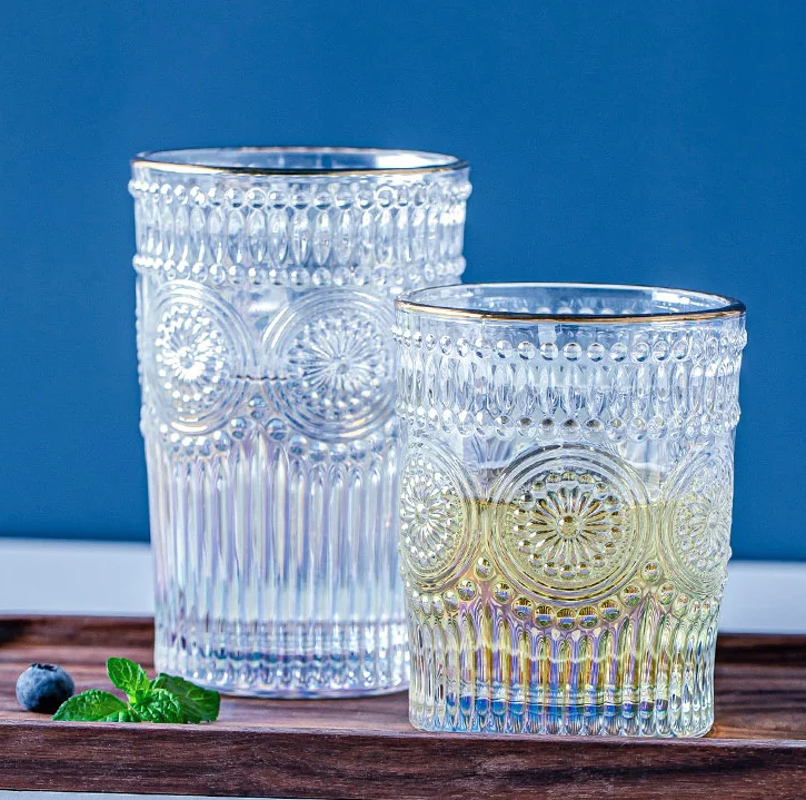 

Luxury sunflower glass with golden rim juice drinking glass with relief lemonade lemon glass tumblers with gold line