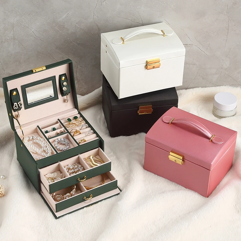 

New Design 3 Layer Luxury PU Leather Jewelry Box Organizer With Mirror Drawer Ring Earring Jewellery Storage Case for Gift