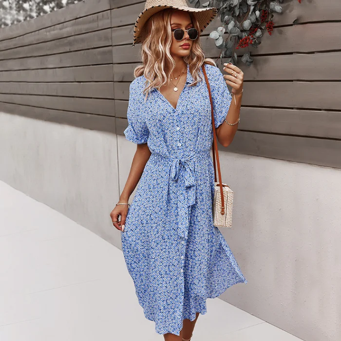 

Summer V Neck Floral Print Long Dress With Belt Beach Casual Dresses Clothing, Picture color