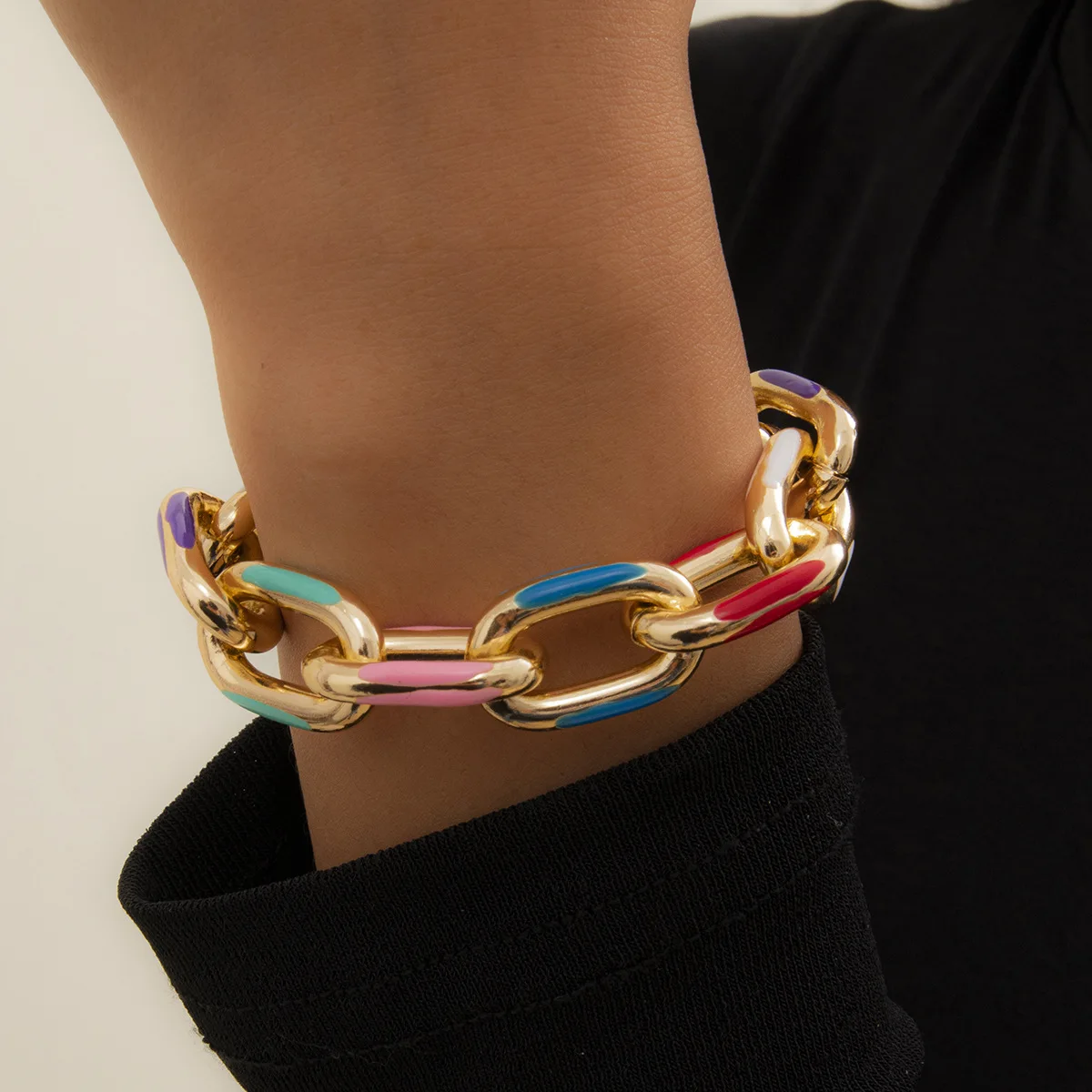 

Women bohemian 18k gold plated cuban link chain colorful enamel cuban bracelet