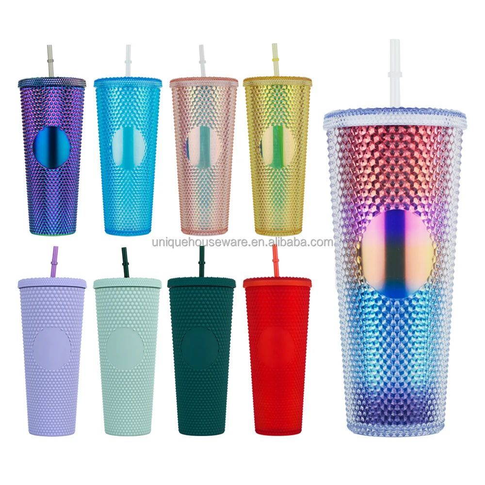 

Wholesale Custom 24oz Oil Slick Diamond Durian Grid Cup Pineapple Plastic Matte Black Coffee Cups Studded Tumbler with Lid Straw, All side stunning