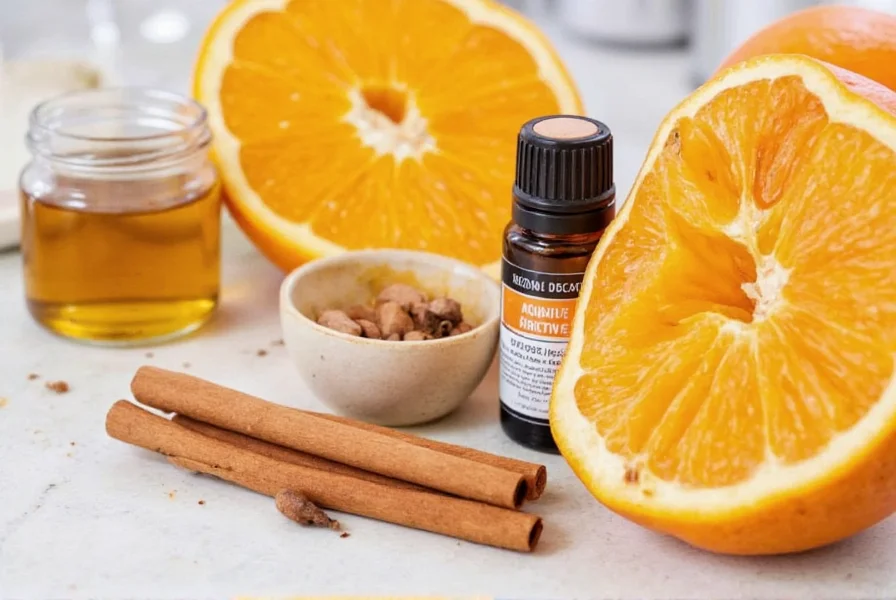 Homemade cinnamon air freshener ingredients including cinnamon sticks, essential oil, and citrus fruits