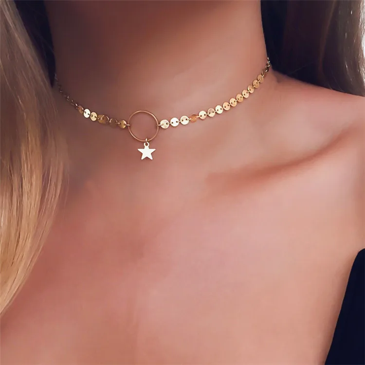 

fashion gold handmade disc chain circle ring choker necklace for women