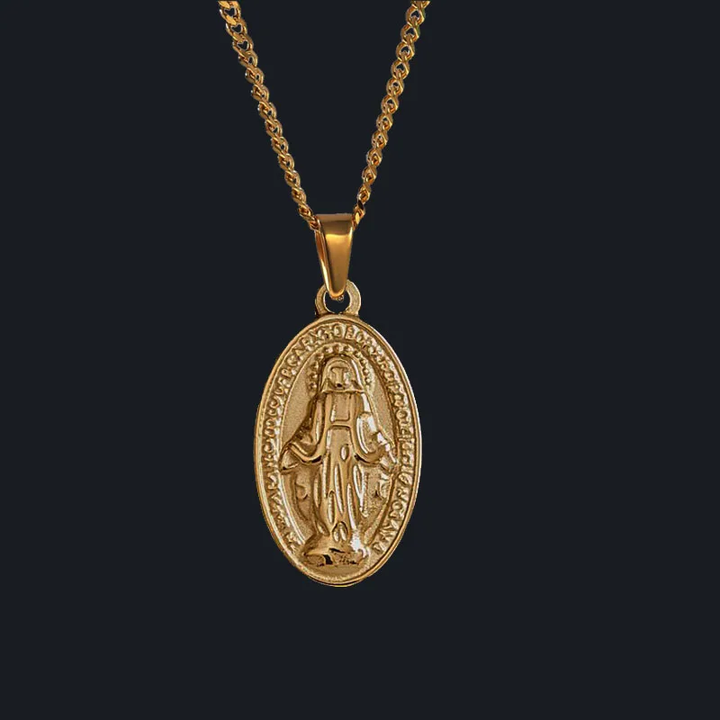 

18K Gold Plated Virgin Mary Necklace Curb Chain Religious Necklace for Men Women Boys Virgen de Guadalupe Necklace