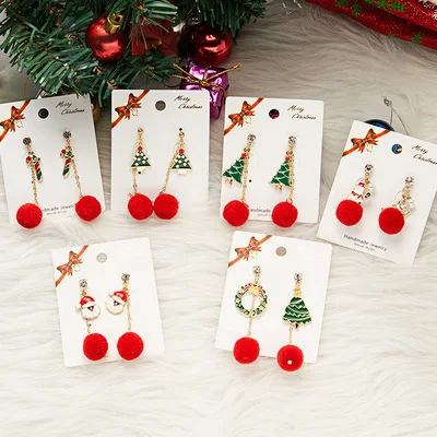 

6 Pairs Xmas Jewelry Gift Gold Plated Snowman Tree Dangle Earrings Long Snowflake Fur Ball Drop Earrings For Women Gift