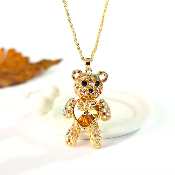 

jialin jewelry Gold plated Crystal love heart teddy bear necklace long