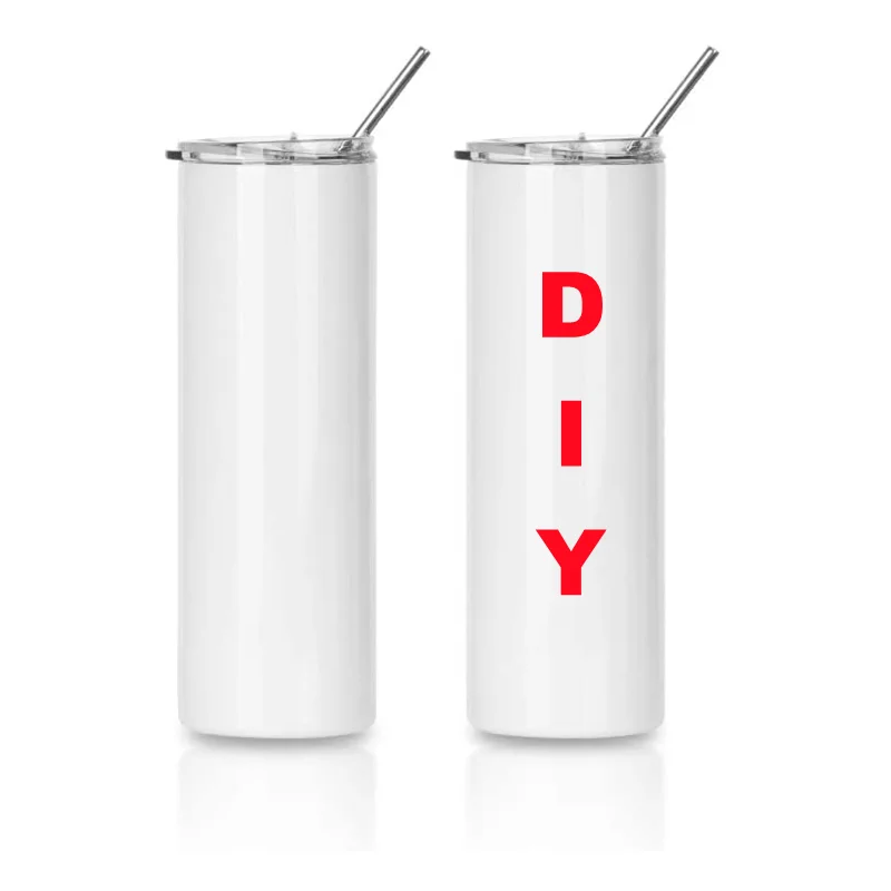 

Amazon Top Seller 20oz Skinny White Straight Sublimation Blanks Water Bottles Stainless Steel Tumblers Mug Cup With Metal Straws, White/black