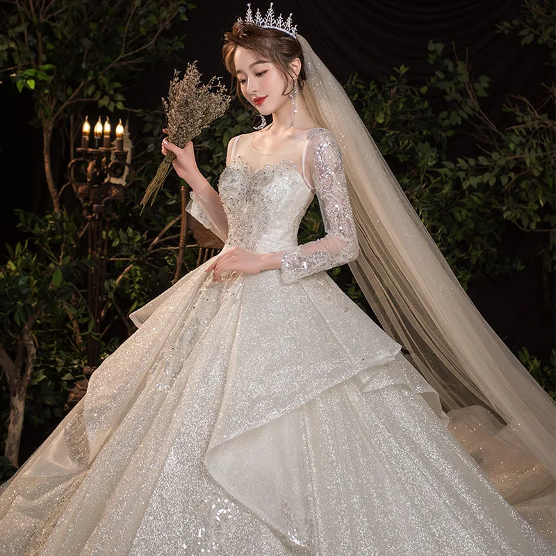

High Quality Real Sample Long Train Wedding Dresses Long sleeve Luxury Bridal Gowns, Champagne