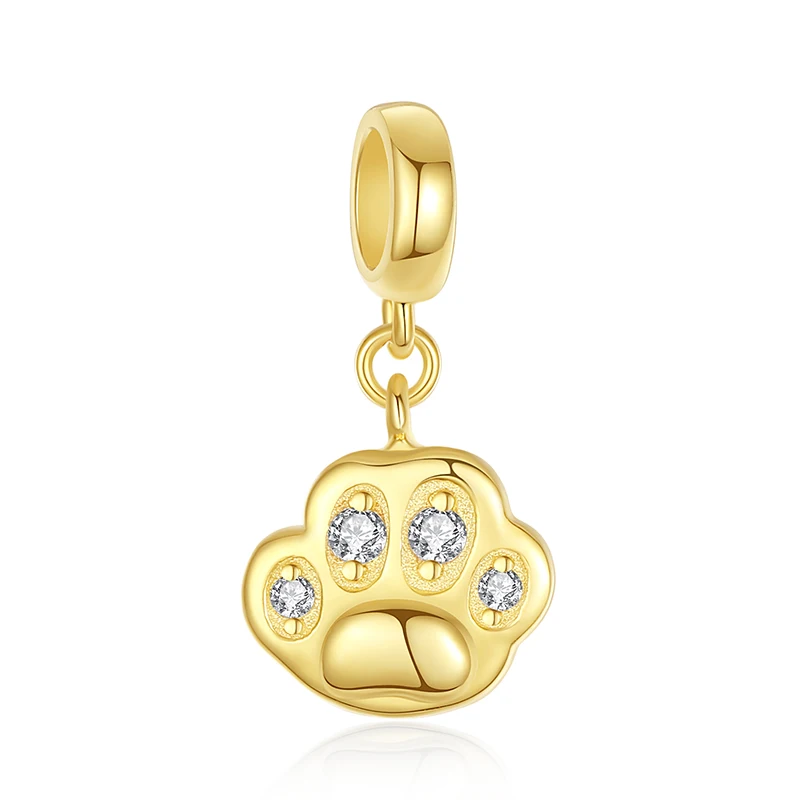 

100% 925 Sterling Silver Dog Paw Footprints Gold Beads Charms Fit Original Bracelet for Women DIY Jewelry