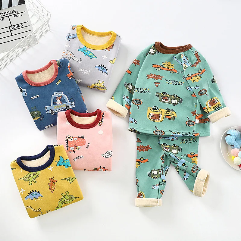 

Children's pajamas set autumn and winter plus velvet warm home service two-piece suit