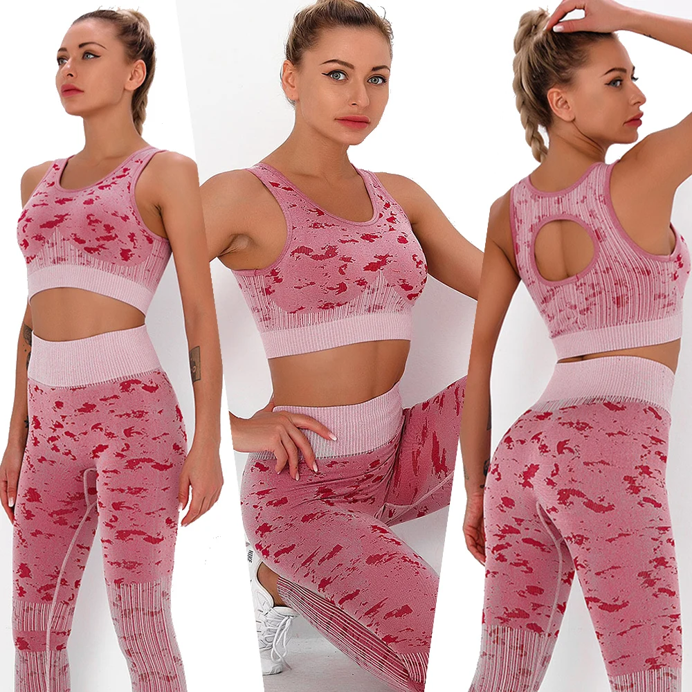 

Jacquard Seamless High Waist Butt Lifting Yoga Set Camouflage Bodysuit Fitness Sports Gym Workout Bra Yoga Pant Set