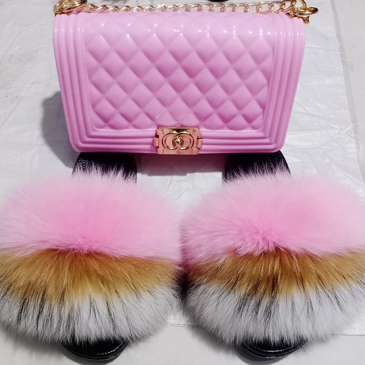 

2021 Wholesale women real big fluffy fur slippers natural pink fur slides sandals with thick fur, Customized color