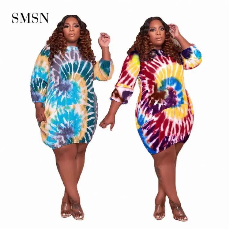 

TINA Wholesale Tie Dye O Neck Long Sleeves Loose Women Summer Dress 2021 Beach Casual Dress