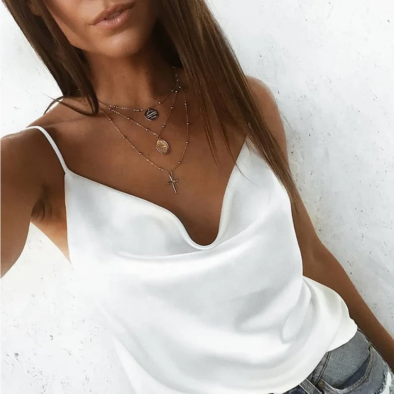 

2021 New Product Sexy Solid Chiffon Sleeveless Vest Slip V Neck Lady Top