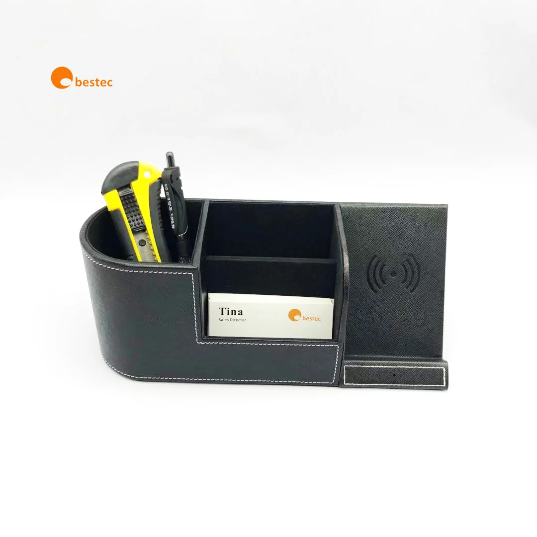 

Office Multi Desk Fast charging Leather Pen Stand Holder Mobile Phone Wireless Charger Organizer