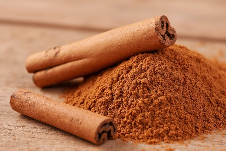 Close-up of ground cinnamon in a wooden spoon with cinnamon sticks nearby showing the difference between ground cinnamon and cinnamon sticks