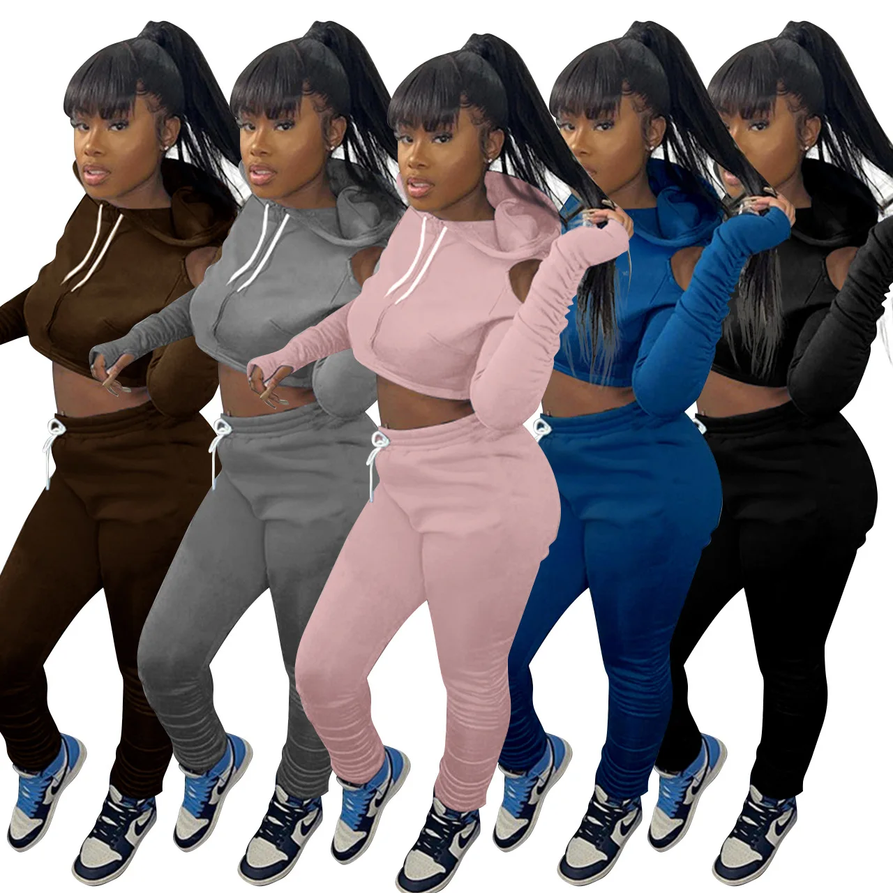 

2021 Fashion Long Sleeve Crop Top Hoodie Sweatpants Set Woman Bandage Outfit Two Piece Pants Set Clothing 2 Piece Set Women, Picture color