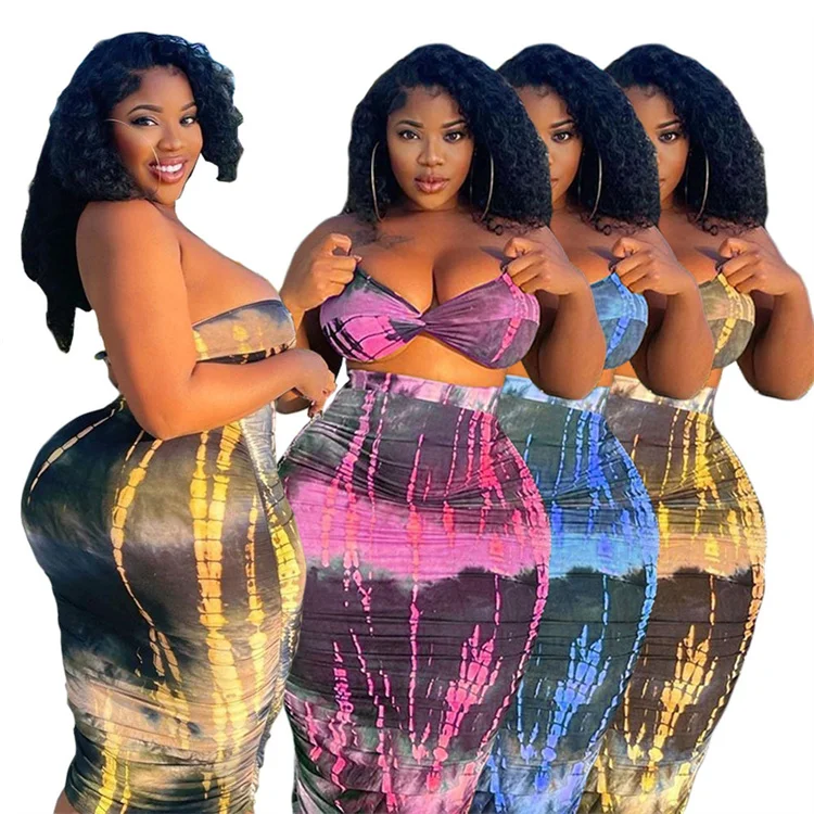 

Women Plus Size Design Boob Tube Sexy Top Dress Hip Lifting Tie-Dye Color Women Two Piece Set, Customized color