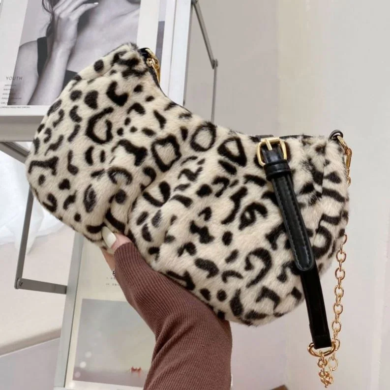 

Winter new retro leopard print plush small bag cloud underarm bag wild single shoulder messenger leopard bag handbag