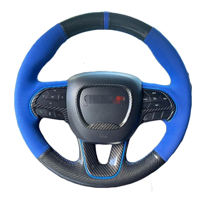 

Custom Hand Stitching Blue Suede Carbon Steering Wheel Cover for Dodge Challenger Charger 2015 2016 2017 2018 2019 2020 2021