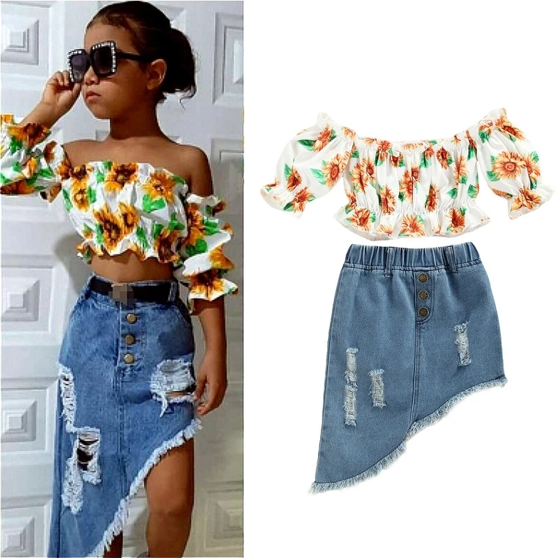 

2PCS Toddler Baby Off Shoulder Short Sleeve Sunflower Top Ripped Denim Skirt Casual Set, As picture