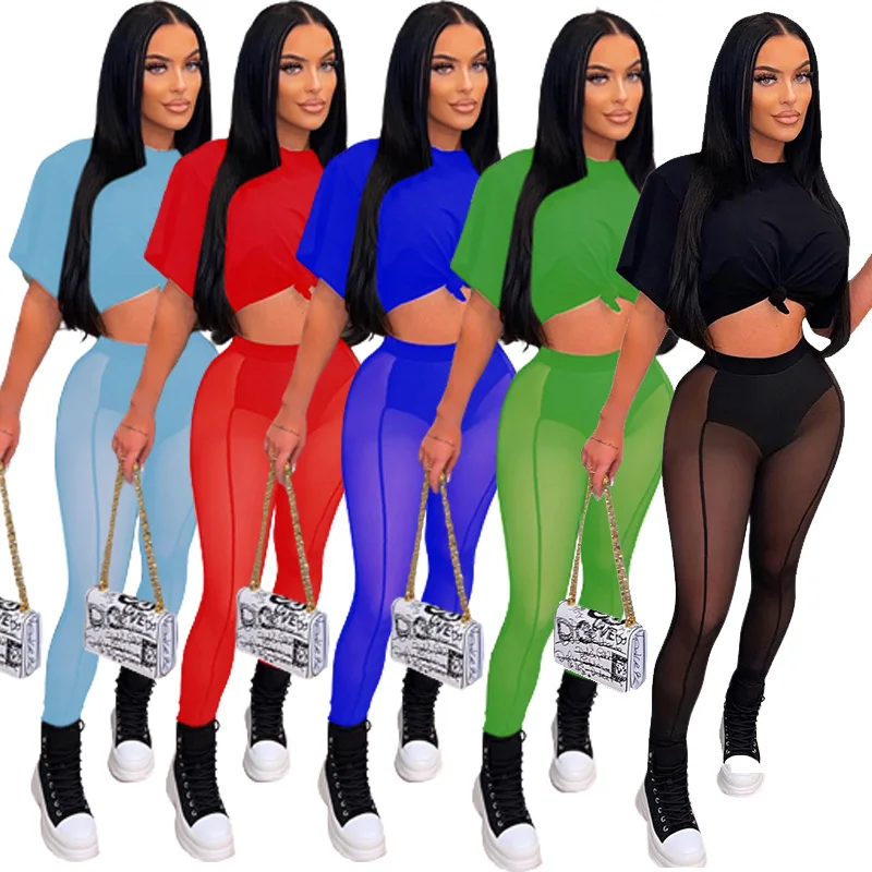 

2022 Fashion Sexy Mesh Hollow Out Design Slim Splicing Sets Mesh Leggings Crop Top 2 Piece Set, Picture color