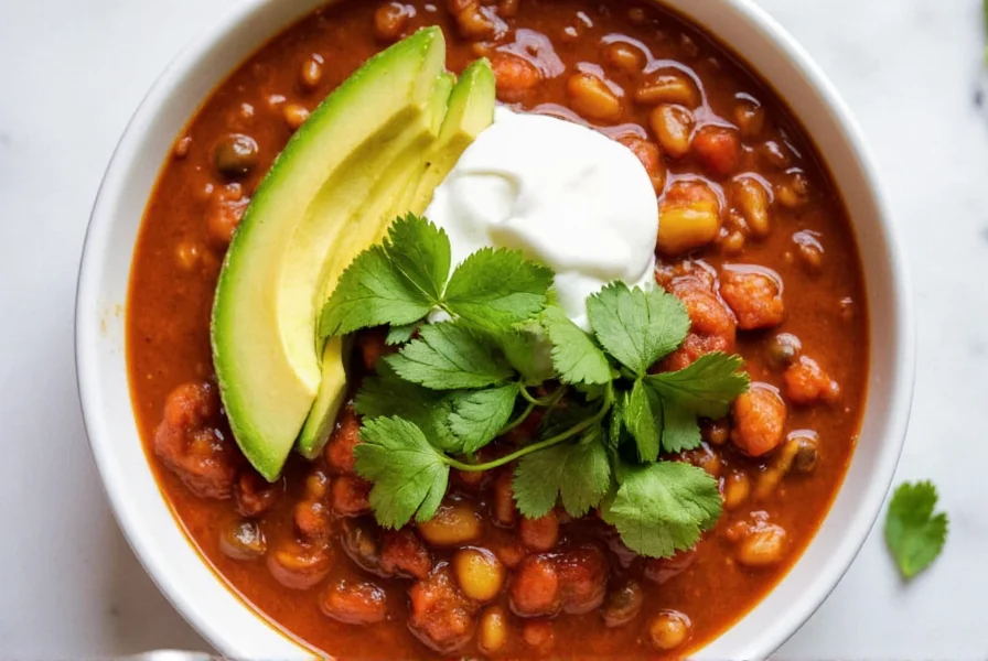 Finished vegetarian chili in bowl with toppings like avocado, sour cream, and cilantro