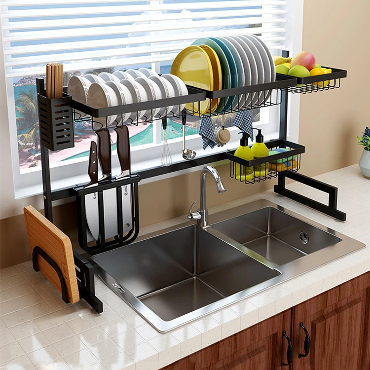 

85cm Stainless Steel Storage Holder With Black Coating Kitchen Storage Dish Drainer Over Sink dish draining rack