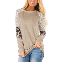 

Latest Designs Woman Long Sleeve Leopard Color Block Tunic Comfy Stripe Round Neck Blouse Tops