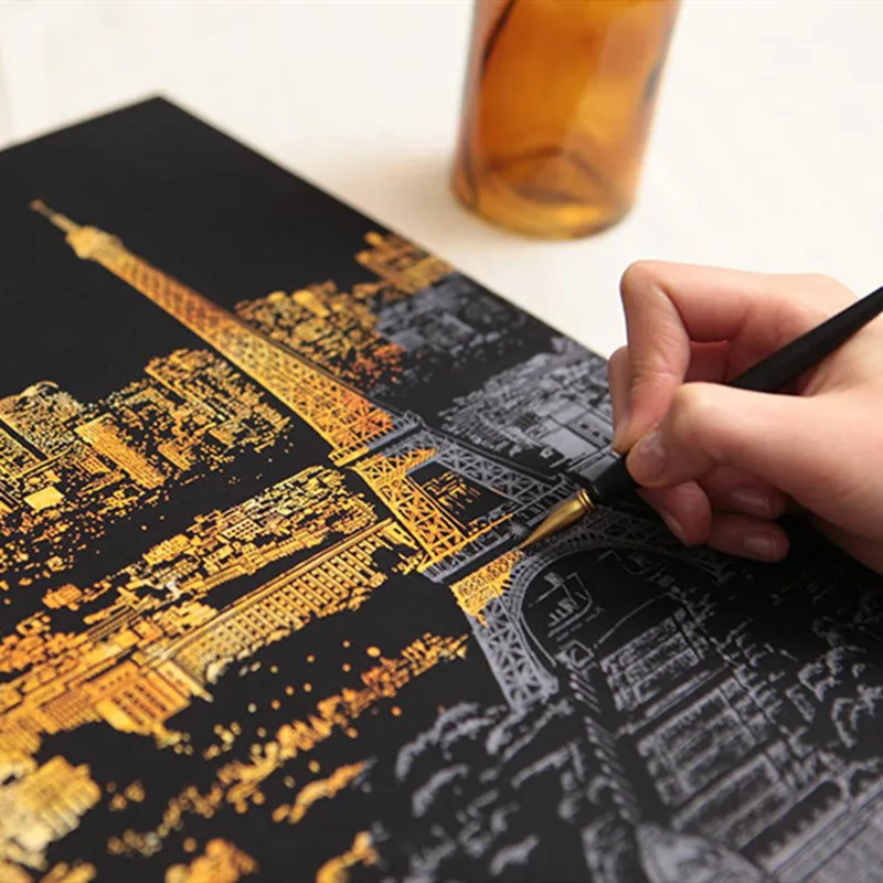 R-SP069-081 Golden City Scratching Art Drawing Paper Gold Scraping Paper DIY Scratch Painting
