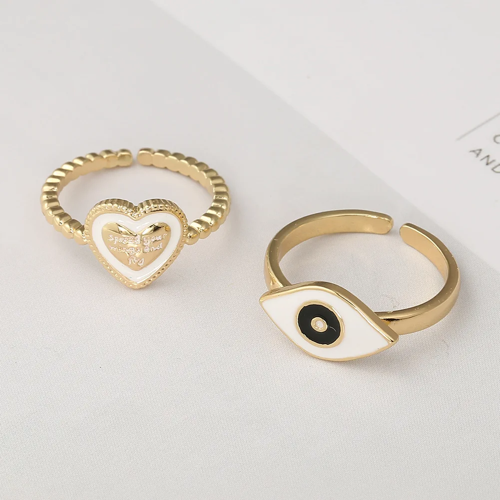 

2021 Sailing Jewelry Vintage Copper Drop Oil 18K Gold Heart-shaped Evils Eye Open Ring Evils Eye Couple Ring