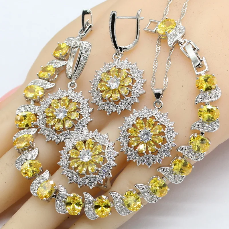 

Silver Color Jewelry Sets For Women Yellow Cubic Zirconia 925 Stamp Necklace Pendant Bracelets Earrings Rings Christmas Gift