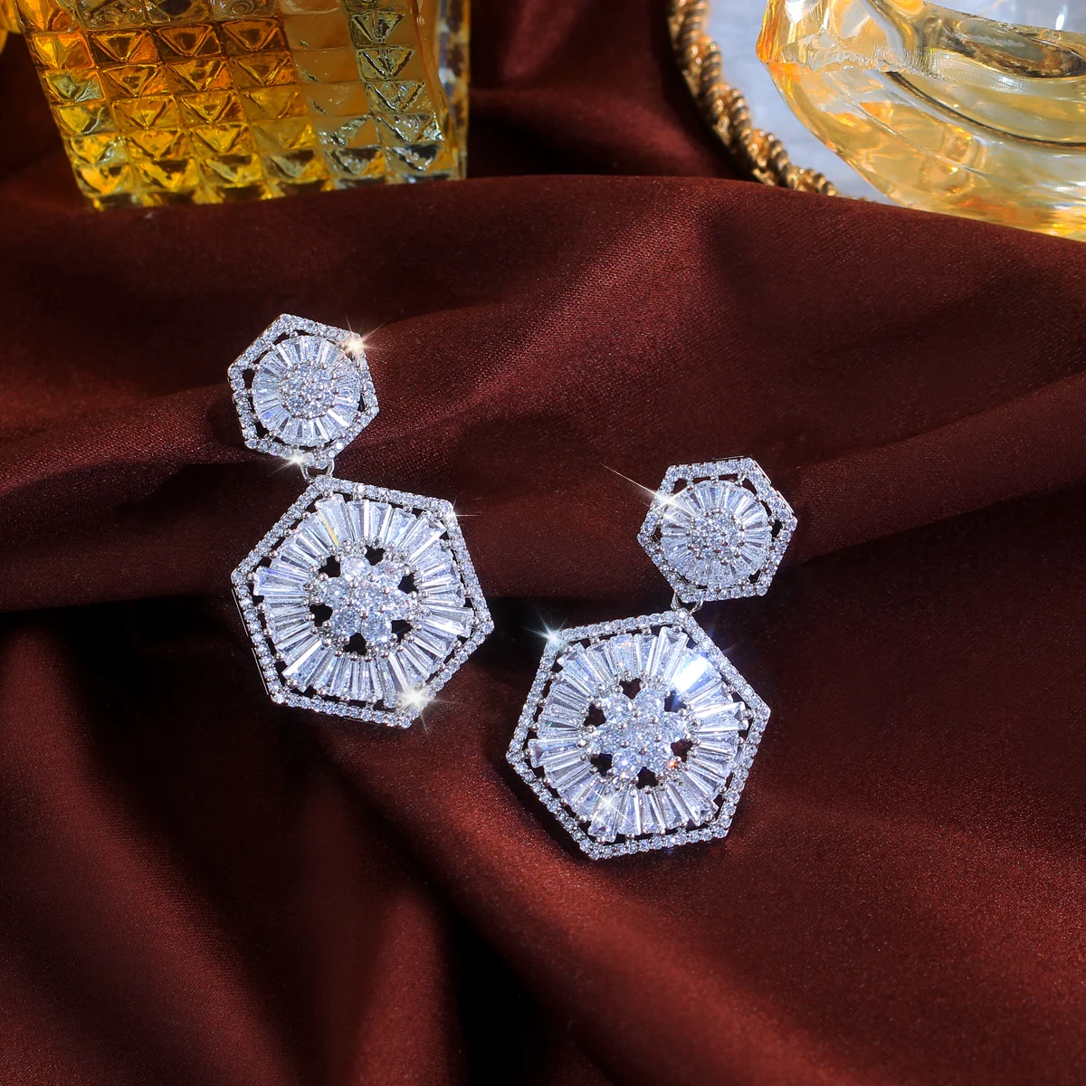 Pentagon Geometric Shape Drop Earrings Wedding Party Prom Bridal Bride Wedding Evening Dress Cubic Zirconia Earrings for Women