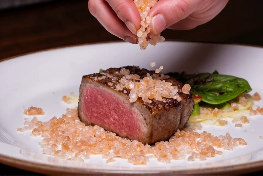 Chef sprinkling Himalayan pink salt on finished steak dish with mineral-rich crystals visible