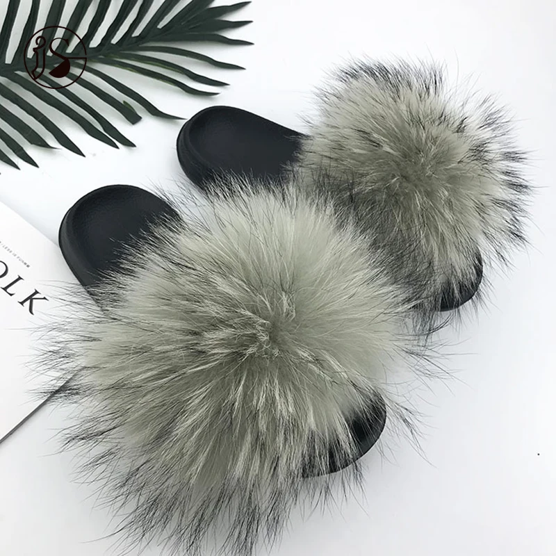 

wholesale price colorful fur slides soft outdoor women slippers Real raccoon warm furry slippers, Picture